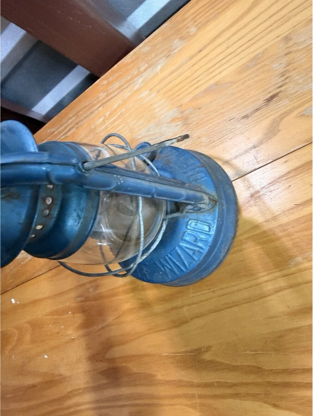 Vintage Blue Kerosene Oil Lantern Little Wizard Embossed Glass Rustic Farmhouse